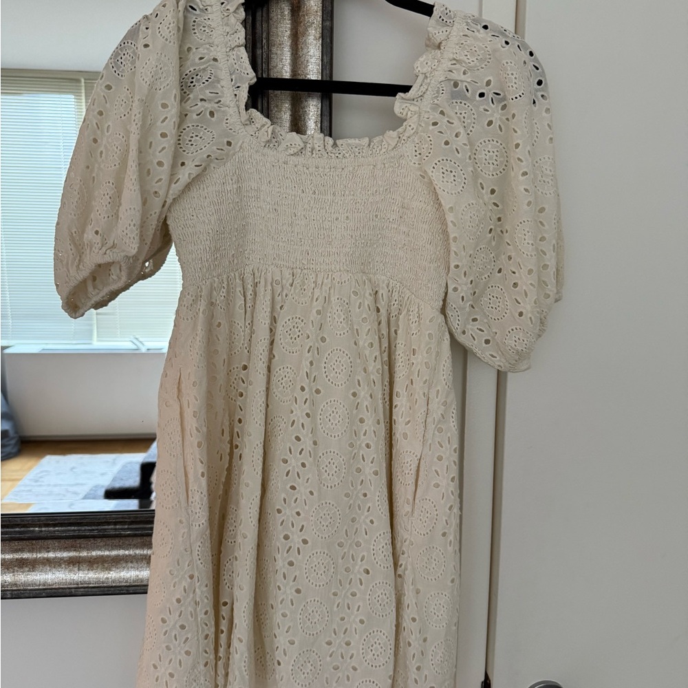 Cream Eyelet Dress with Puff Sleeves